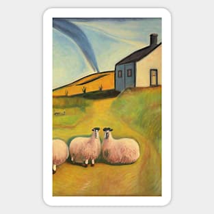 Colourful oil painting of a farm with sheep Sticker